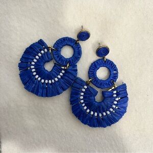 J.Crew Raffia Fan Earring Cobalt Blue White Beads